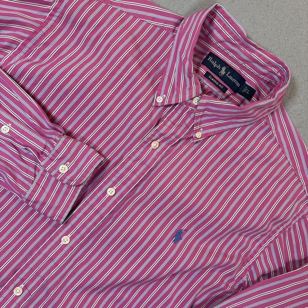 Polo Ralph Lauren Long Sleeve Button Down Classic Fit Men's Large Pink Striped